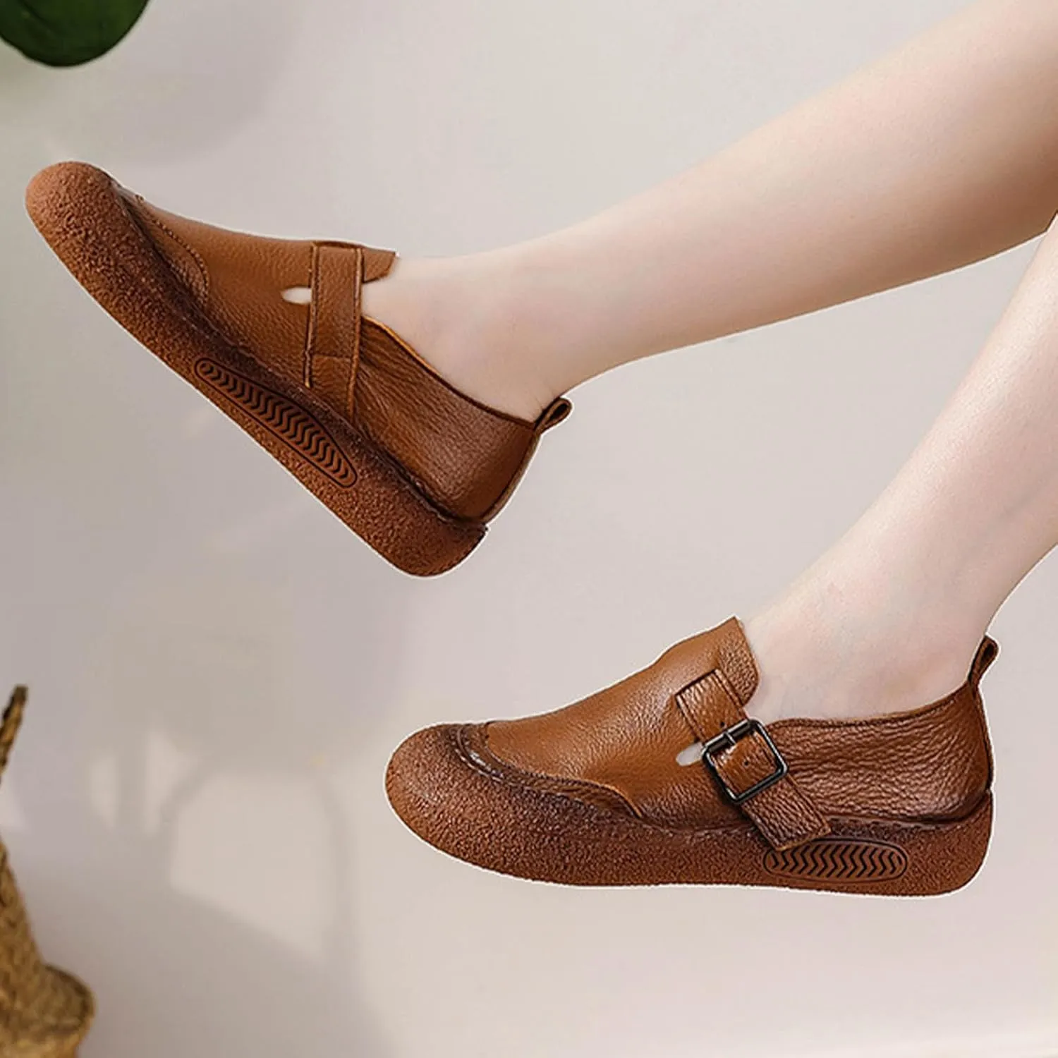 Women's Casual Cap Toe Leather Shoes,Vintage Comfortable Non-Slip Soft Sole Buckle Slip on Dress Flat Walking Loafers