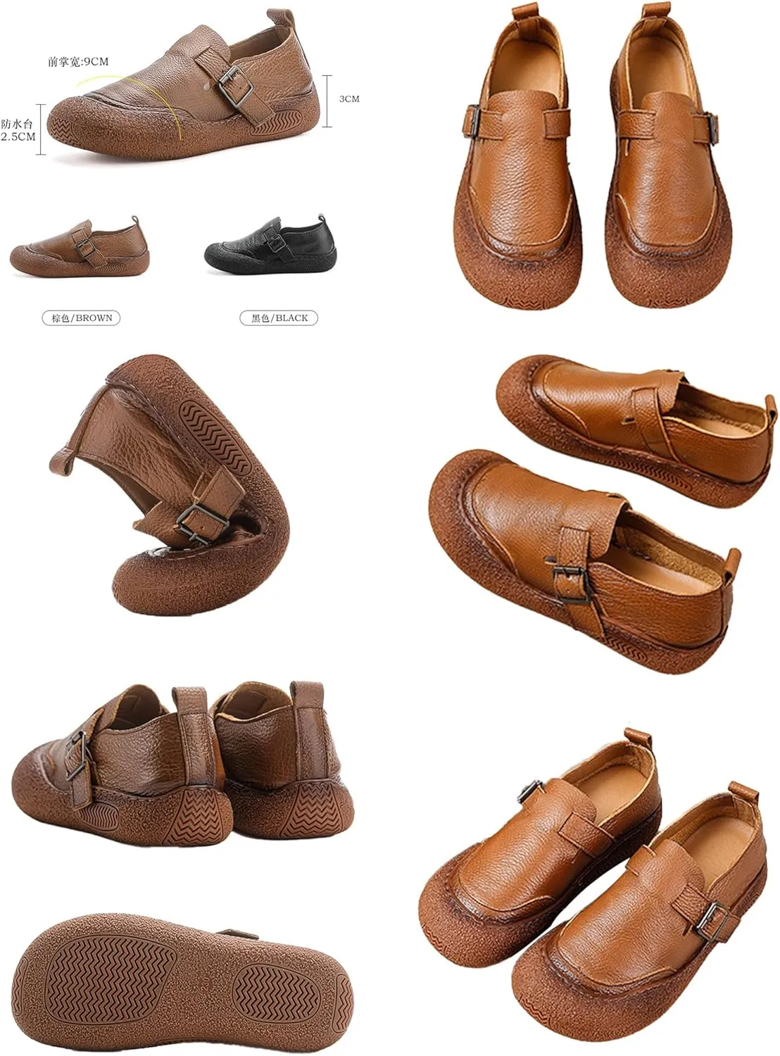 Women's Casual Cap Toe Leather Shoes,Vintage Comfortable Non-Slip Soft Sole Buckle Slip on Dress Flat Walking Loafers