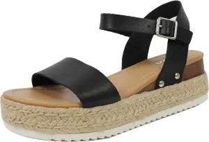 Womens Casual Espadrilles Trim Rubber Sole Flatform Studded Wedge Buckle Ankle Strap Open Toe Sandals (7.5 M US, Black C)