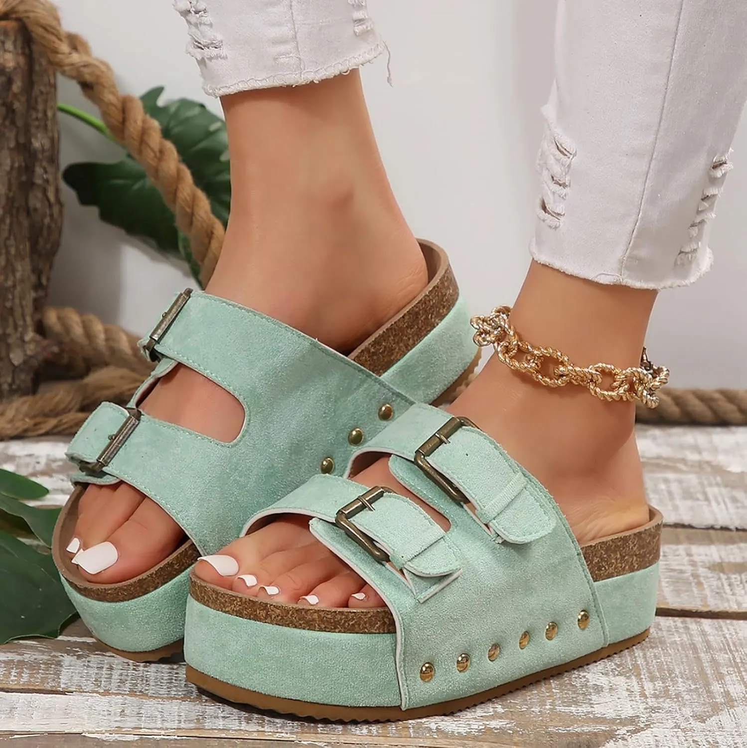 Women's Cork Platform Sandals Comfortable Cork Footbed Studded Flatform Sandals Adjustable Buckle Straps Flat Clogs Slide Sandals