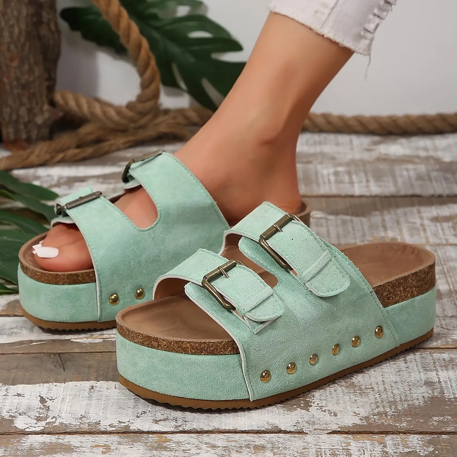 Women's Cork Platform Sandals Comfortable Cork Footbed Studded Flatform Sandals Adjustable Buckle Straps Flat Clogs Slide Sandals