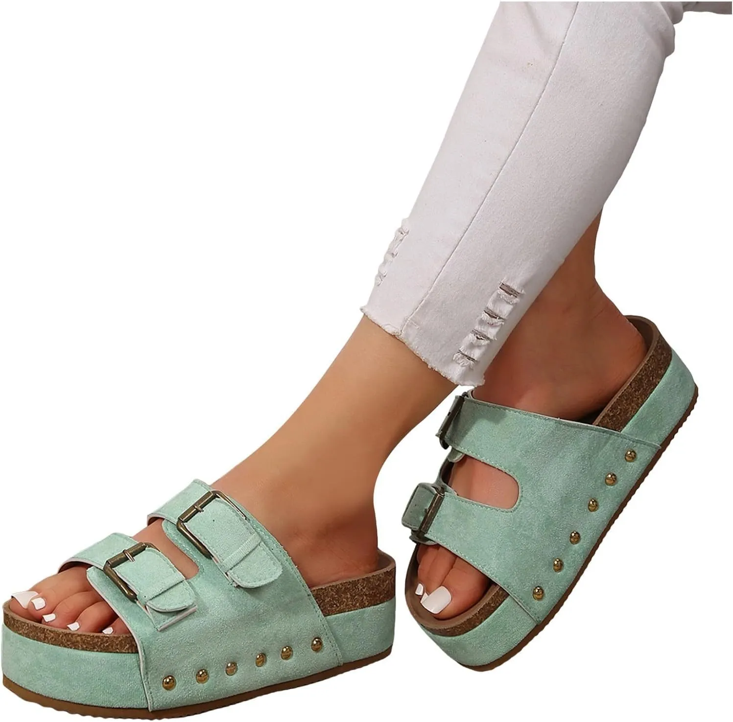 Women's Cork Platform Sandals Comfortable Cork Footbed Studded Flatform Sandals Adjustable Buckle Straps Flat Clogs Slide Sandals