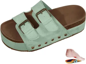 Women's Cork Platform Sandals Comfortable Cork Footbed Studded Flatform Sandals Adjustable Buckle Straps Flat Clogs Slide Sandals