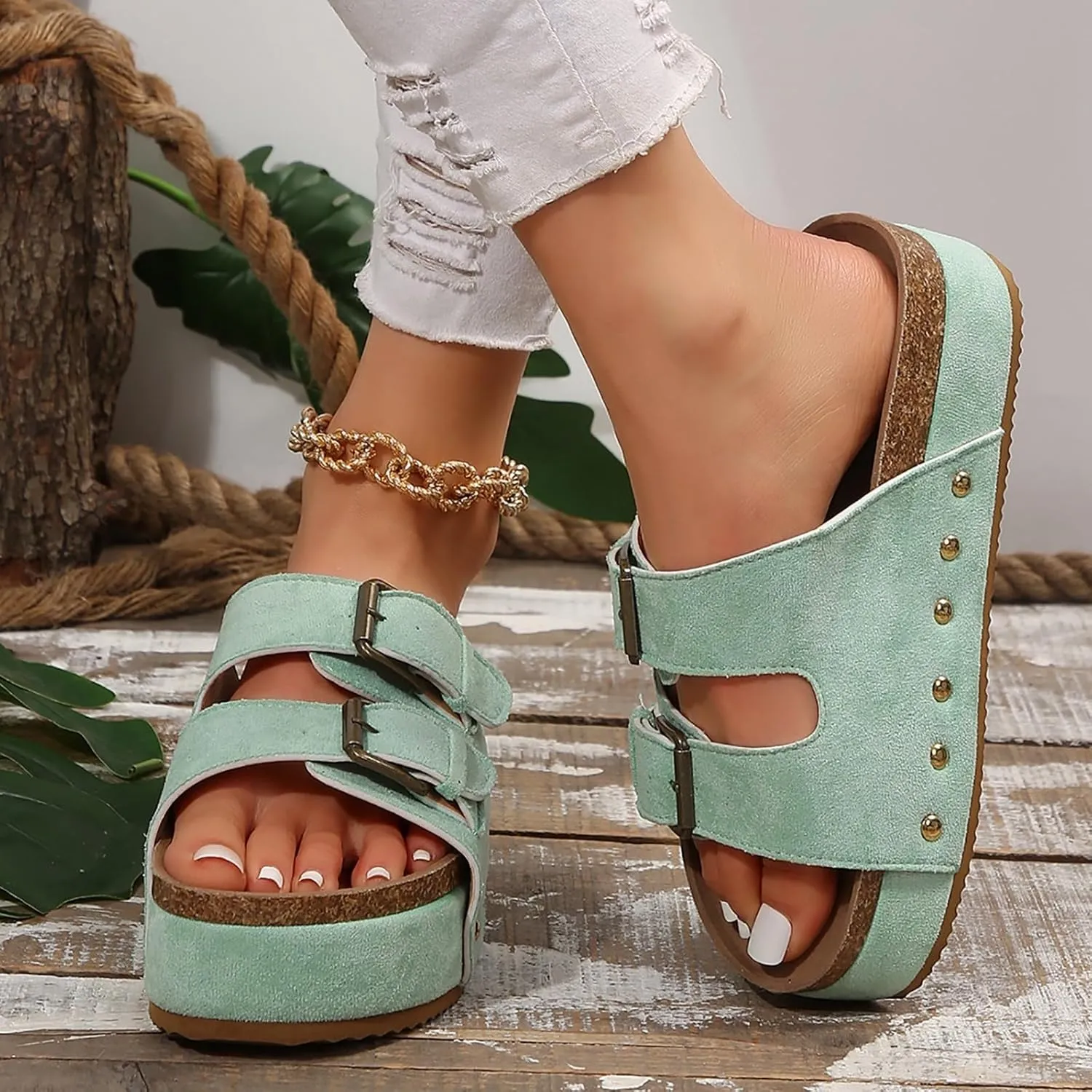 Women's Cork Platform Sandals Comfortable Cork Footbed Studded Flatform Sandals Adjustable Buckle Straps Flat Clogs Slide Sandals
