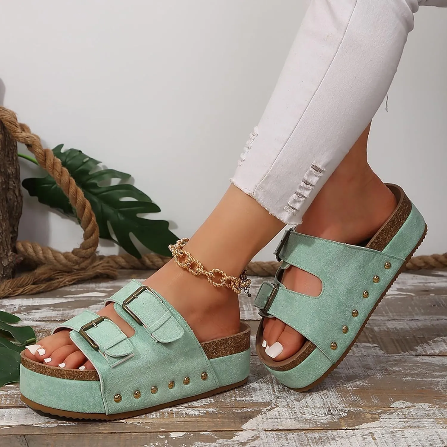 Women's Cork Platform Sandals Comfortable Cork Footbed Studded Flatform Sandals Adjustable Buckle Straps Flat Clogs Slide Sandals