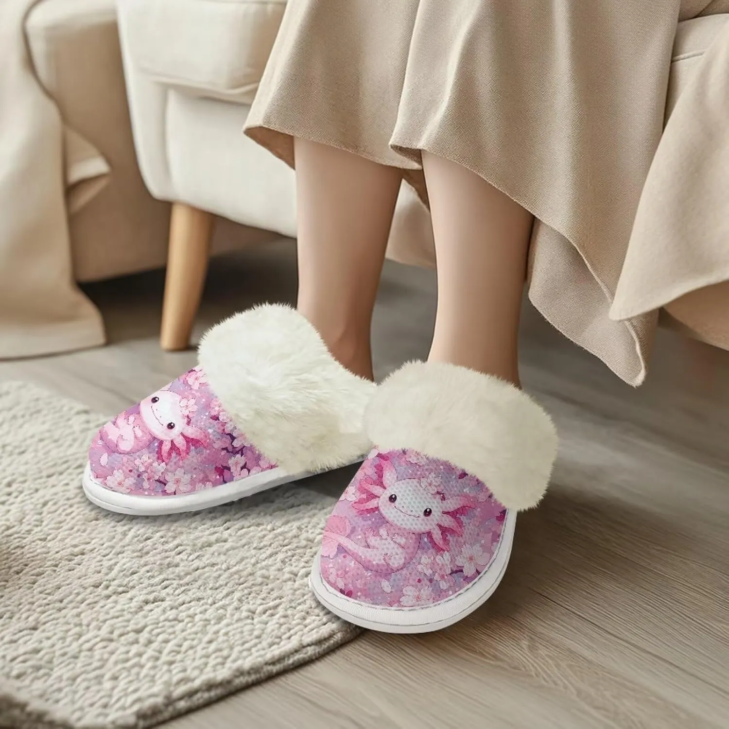 Womens Fuzzy Slippers with Fur Edges, Cute Plush House Shoes Fluffy House Slippers for Indoor and Outdoor