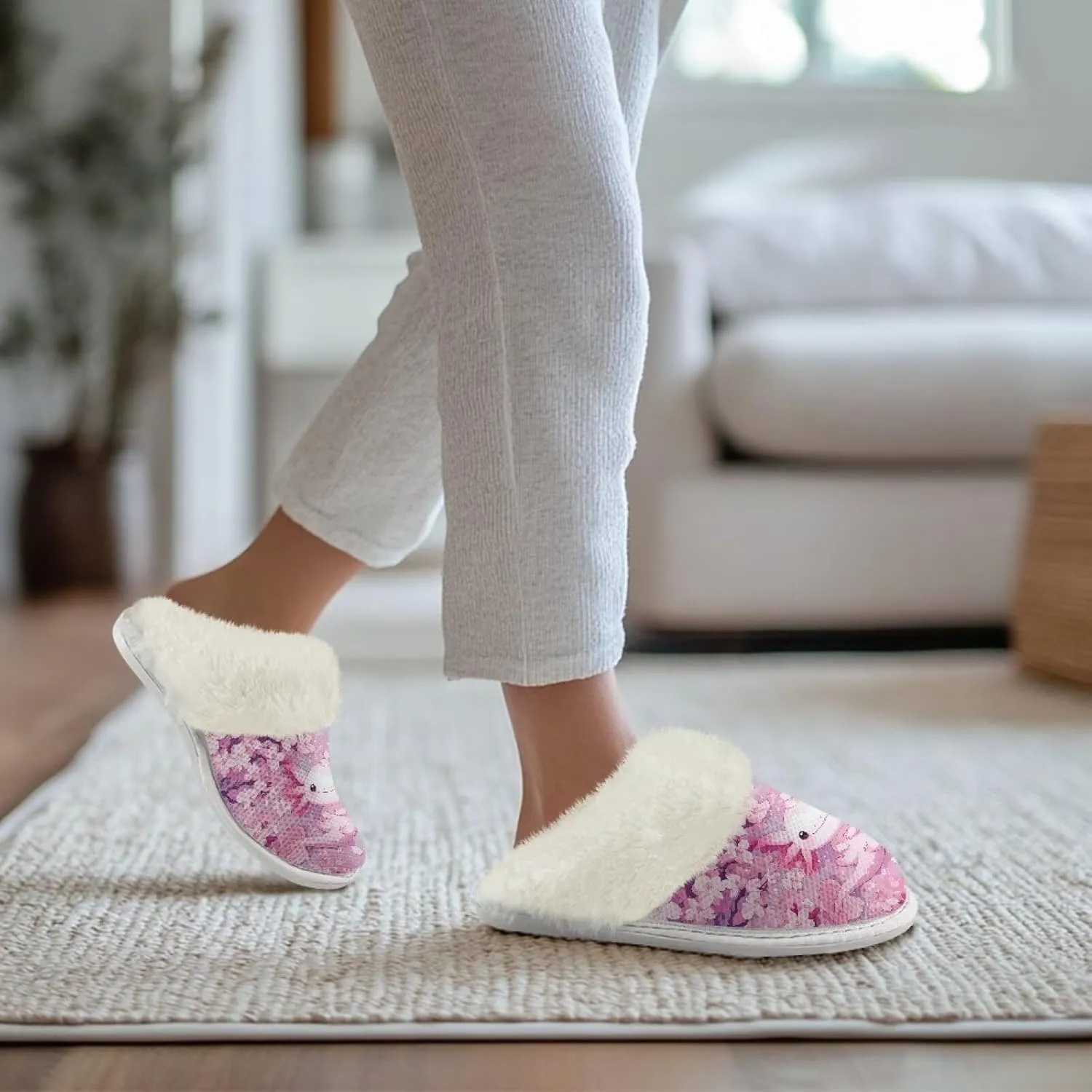 Womens Fuzzy Slippers with Fur Edges, Cute Plush House Shoes Fluffy House Slippers for Indoor and Outdoor