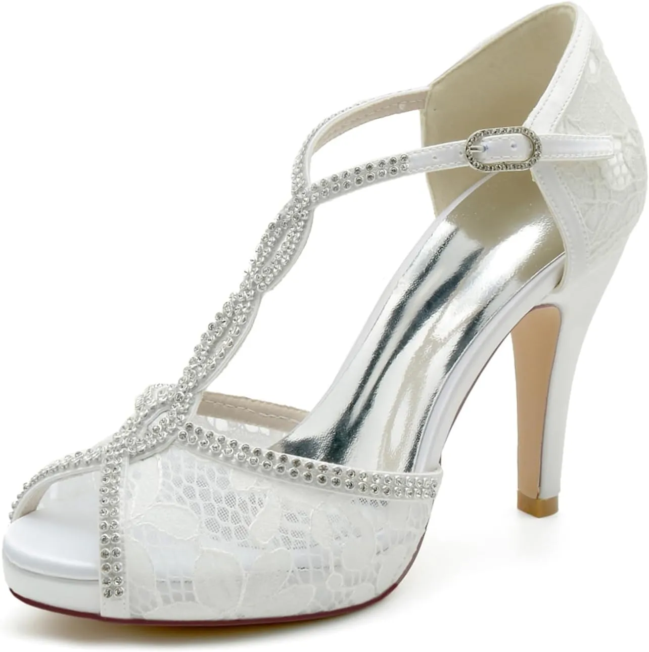 Women's Heel Pumps Sandal Hollow Out Lace Bridal Shoes for the Bride Fish Mouth Rhinestones Cross Strap Wedding Shoes
