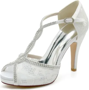 Women's Heel Pumps Sandal Hollow Out Lace Bridal Shoes for the Bride Fish Mouth Rhinestones Cross Strap Wedding Shoes