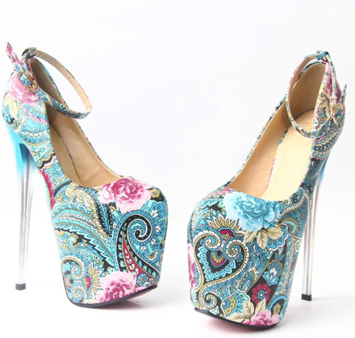Women's High Heels Stiletto Platform Round Toe Flower Pump Buckle Shoes Sexy Nightclub Catwalk Striptease 19 Cm/7.4 in Plus Size Shoes