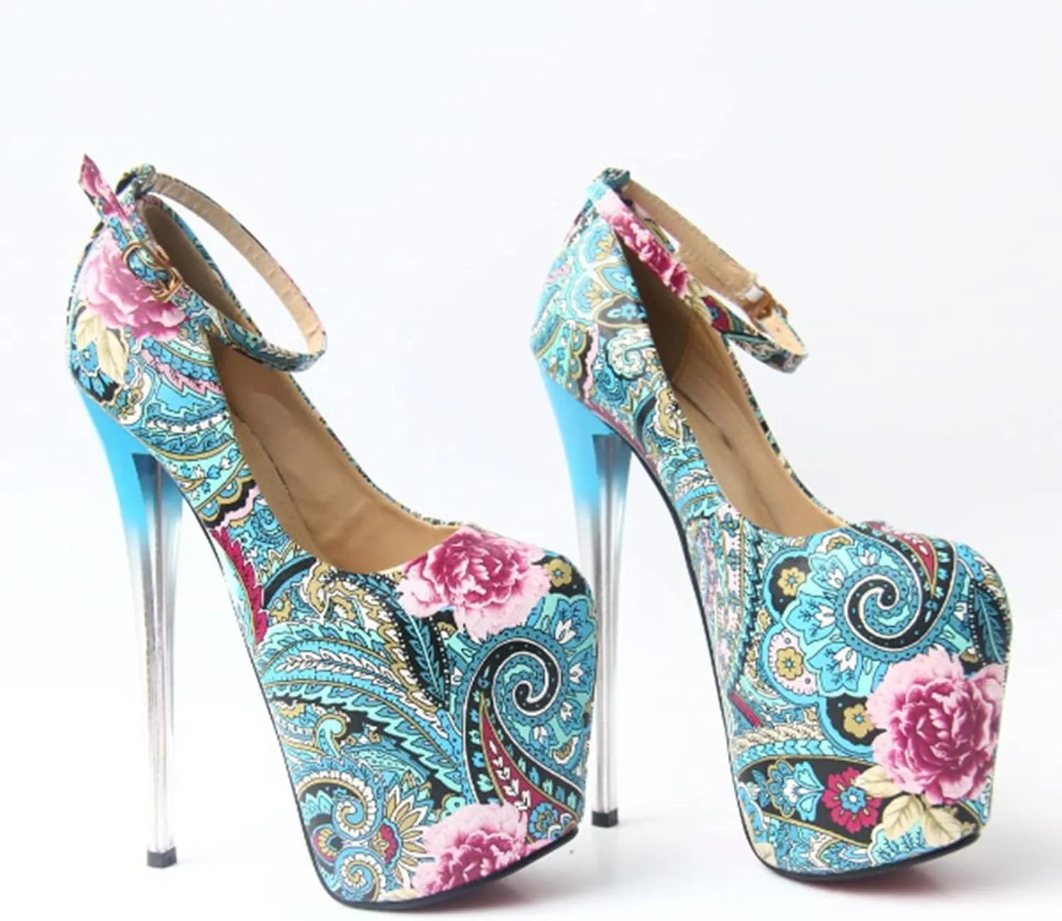 Women's High Heels Stiletto Platform Round Toe Flower Pump Buckle Shoes Sexy Nightclub Catwalk Striptease 19 Cm/7.4 in Plus Size Shoes