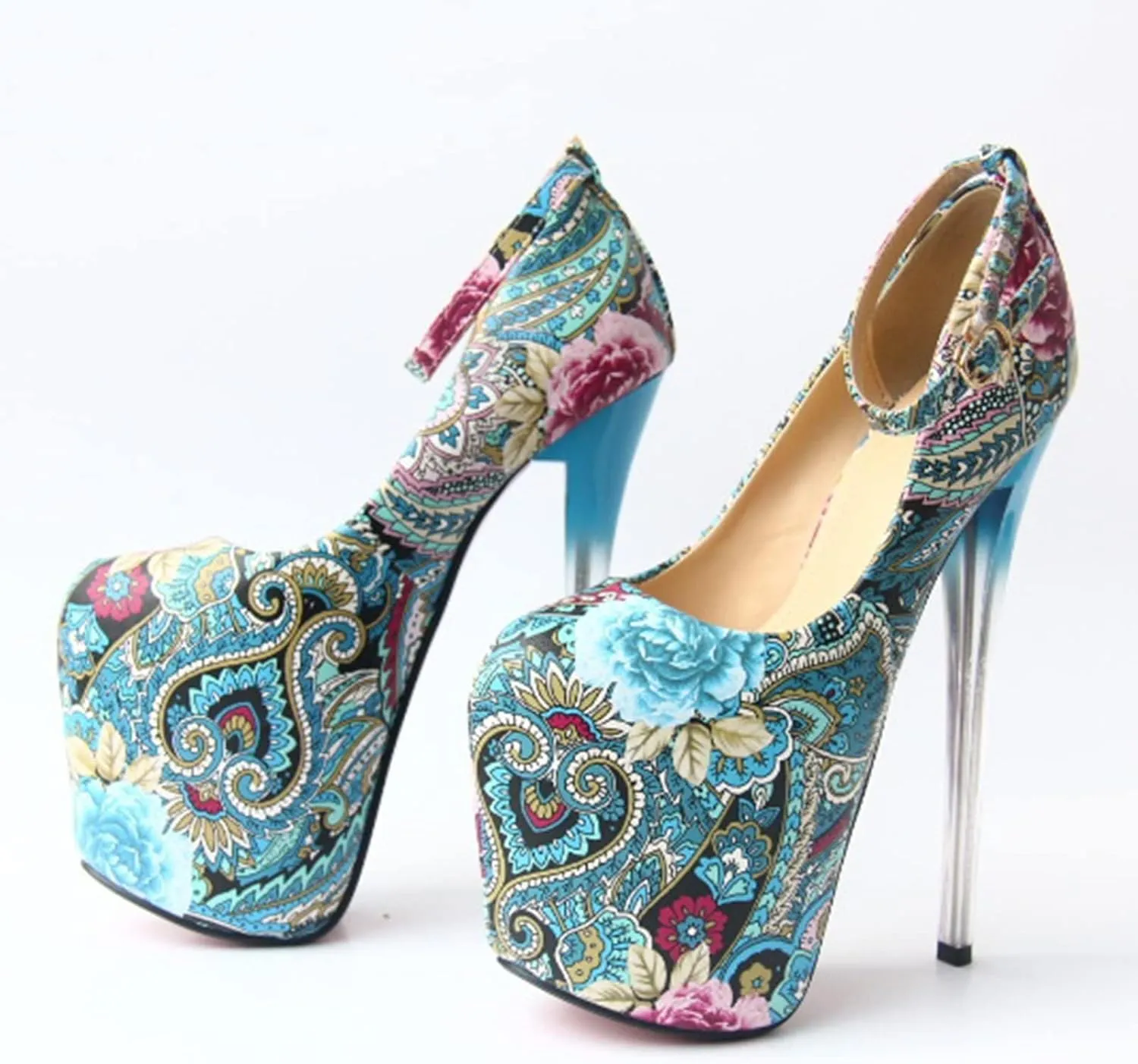 Women's High Heels Stiletto Platform Round Toe Flower Pump Buckle Shoes Sexy Nightclub Catwalk Striptease 19 Cm/7.4 in Plus Size Shoes