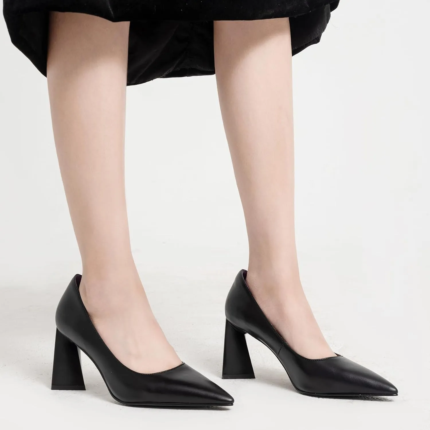 Women's Kitten Chunky Medium Heel Slip-On Pointed Toe Pumps Shoes Party Wedding Office Black