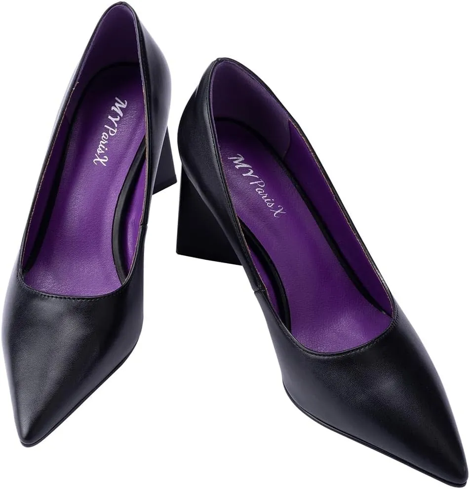 Women's Kitten Chunky Medium Heel Slip-On Pointed Toe Pumps Shoes Party Wedding Office Black