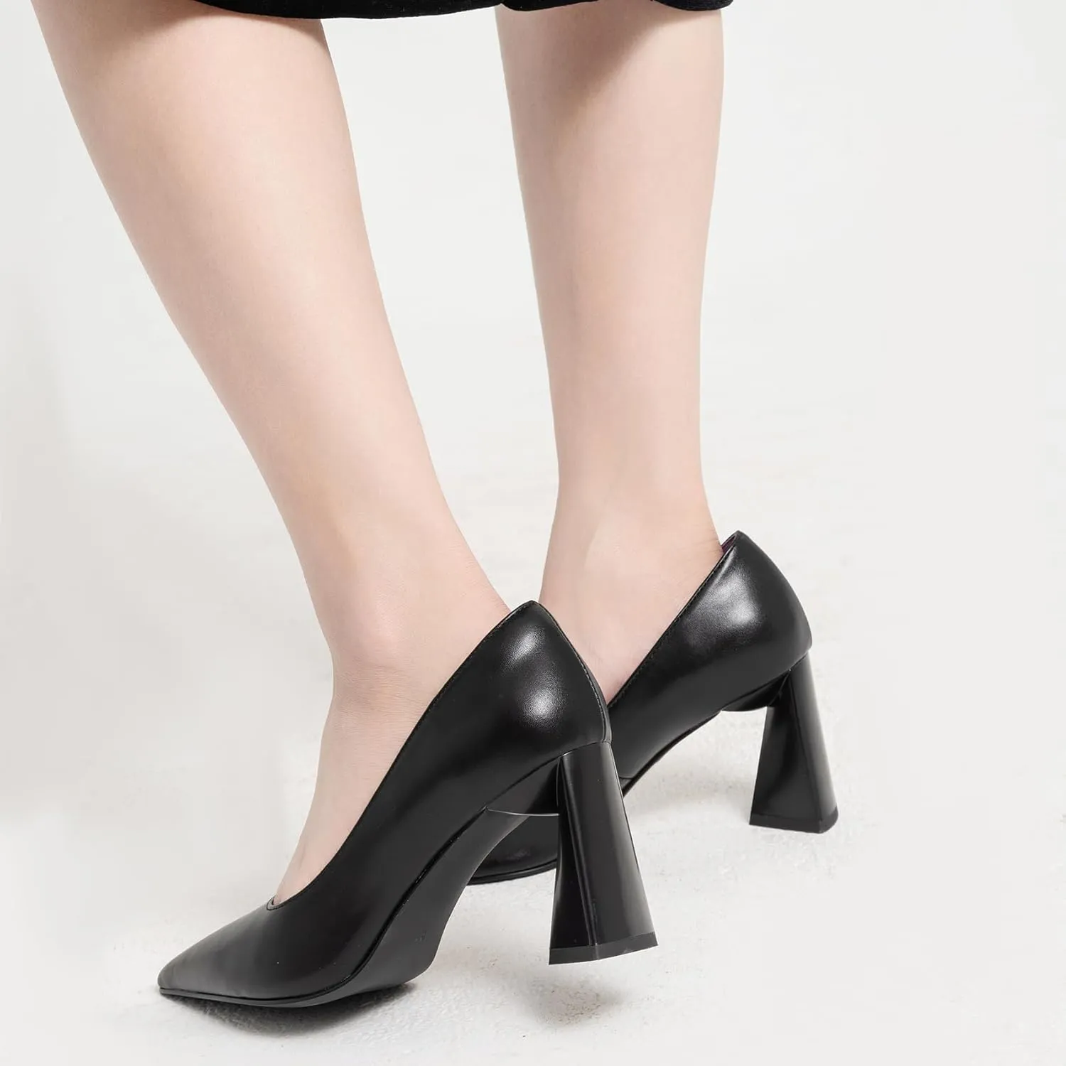 Women's Kitten Chunky Medium Heel Slip-On Pointed Toe Pumps Shoes Party Wedding Office Black
