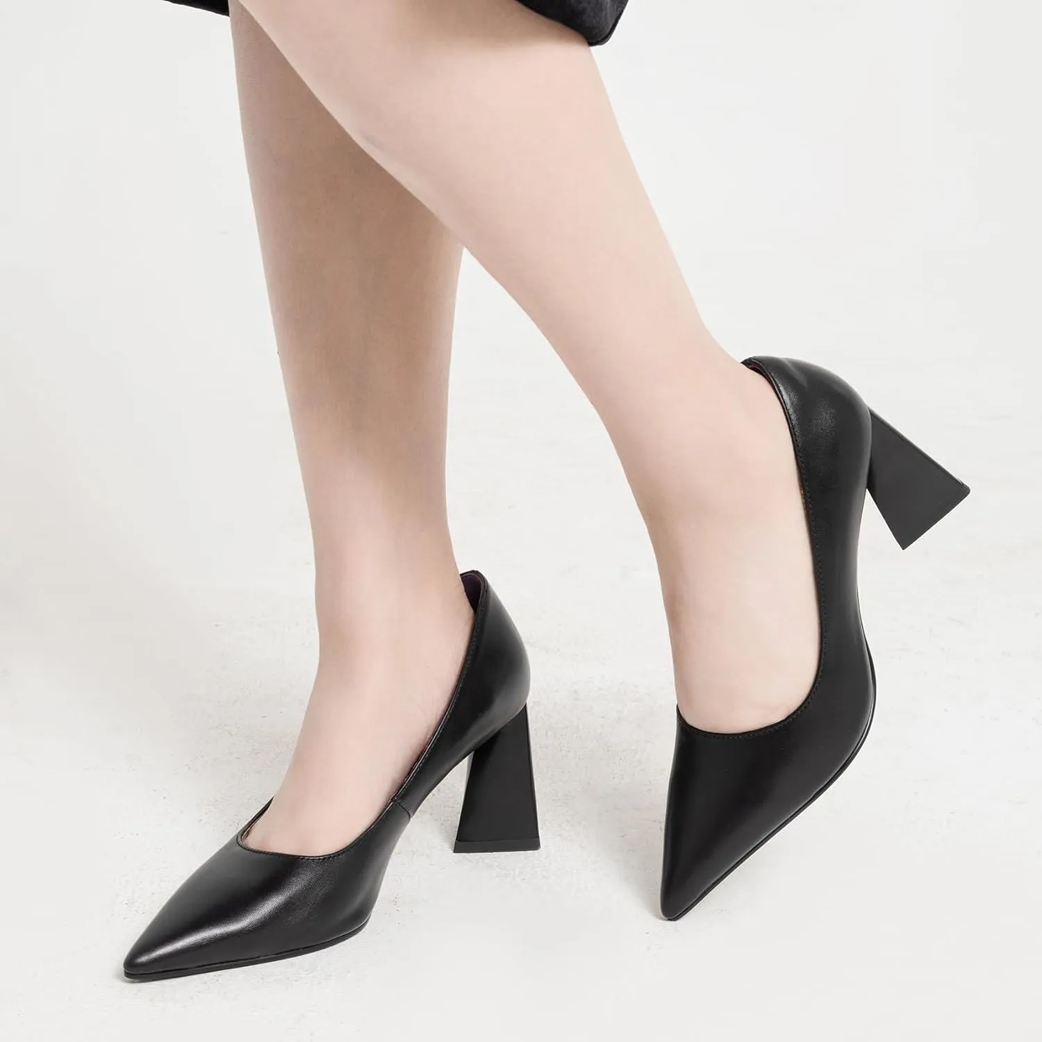 Women's Kitten Chunky Medium Heel Slip-On Pointed Toe Pumps Shoes Party Wedding Office Black