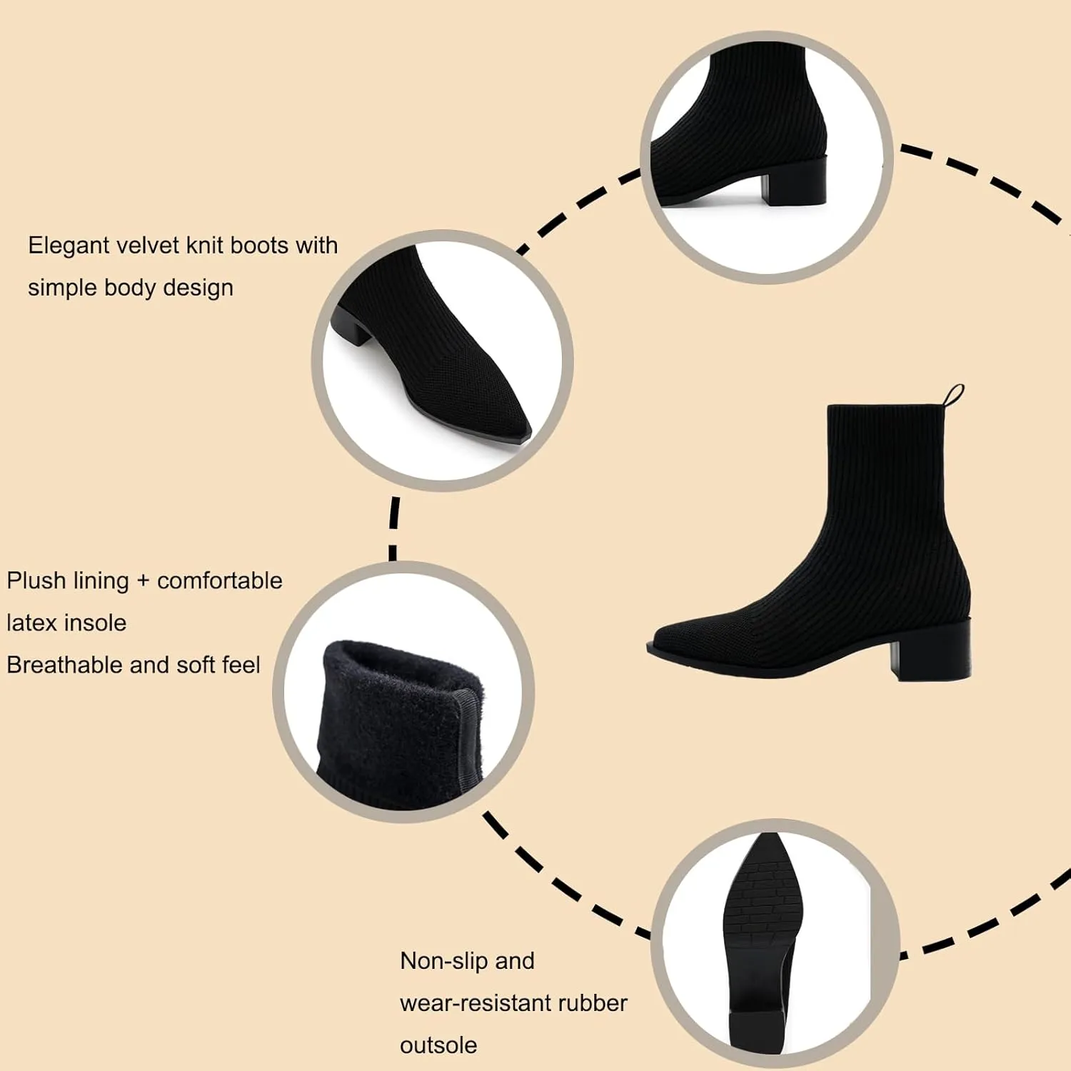 Women'S Knitted Chunky Heel Slip-On Formal Socks Boots Sexy Pointed Toe Comfortable Soft Non-Slip Warm Classic Autumn And Winter Business Dating Short Boots