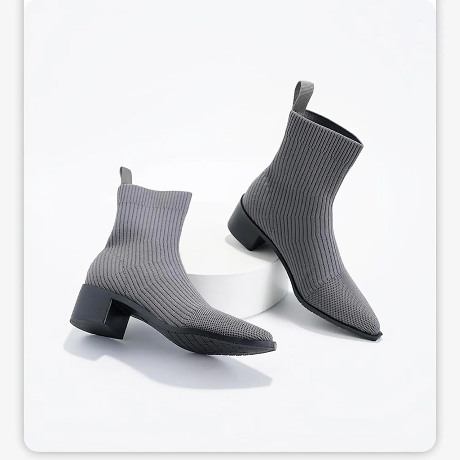 Women'S Knitted Chunky Heel Slip-On Formal Socks Boots Sexy Pointed Toe Comfortable Soft Non-Slip Warm Classic Autumn And Winter Business Dating Short Boots