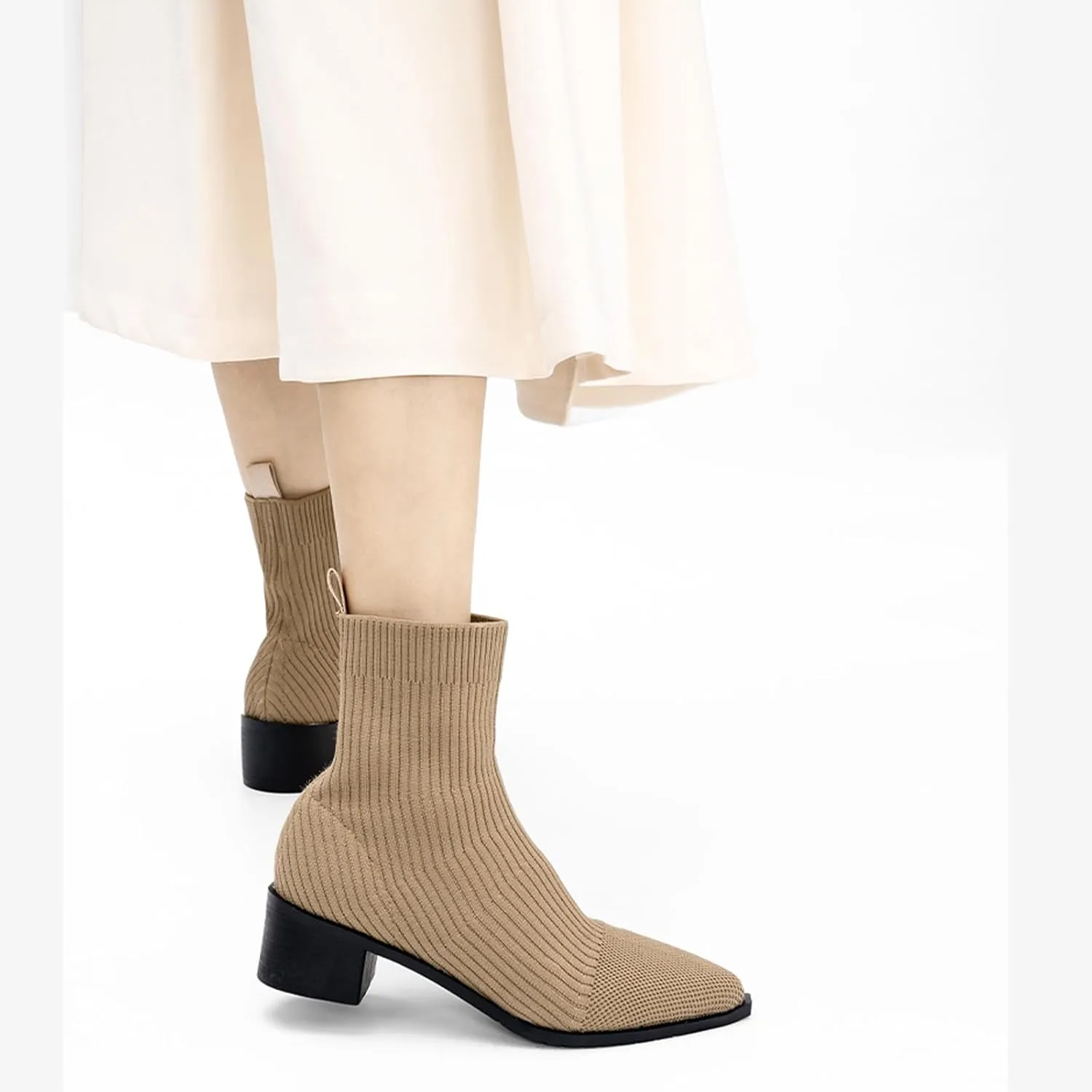 Women'S Knitted Chunky Heel Slip-On Formal Socks Boots Sexy Pointed Toe Comfortable Soft Non-Slip Warm Classic Autumn And Winter Business Dating Short Boots