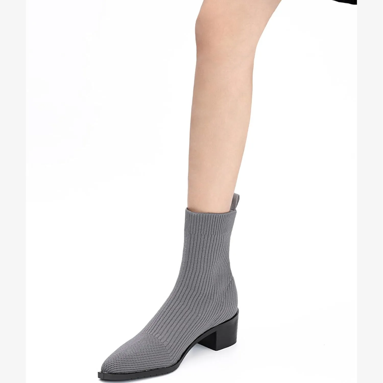 Women'S Knitted Chunky Heel Slip-On Formal Socks Boots Sexy Pointed Toe Comfortable Soft Non-Slip Warm Classic Autumn And Winter Business Dating Short Boots