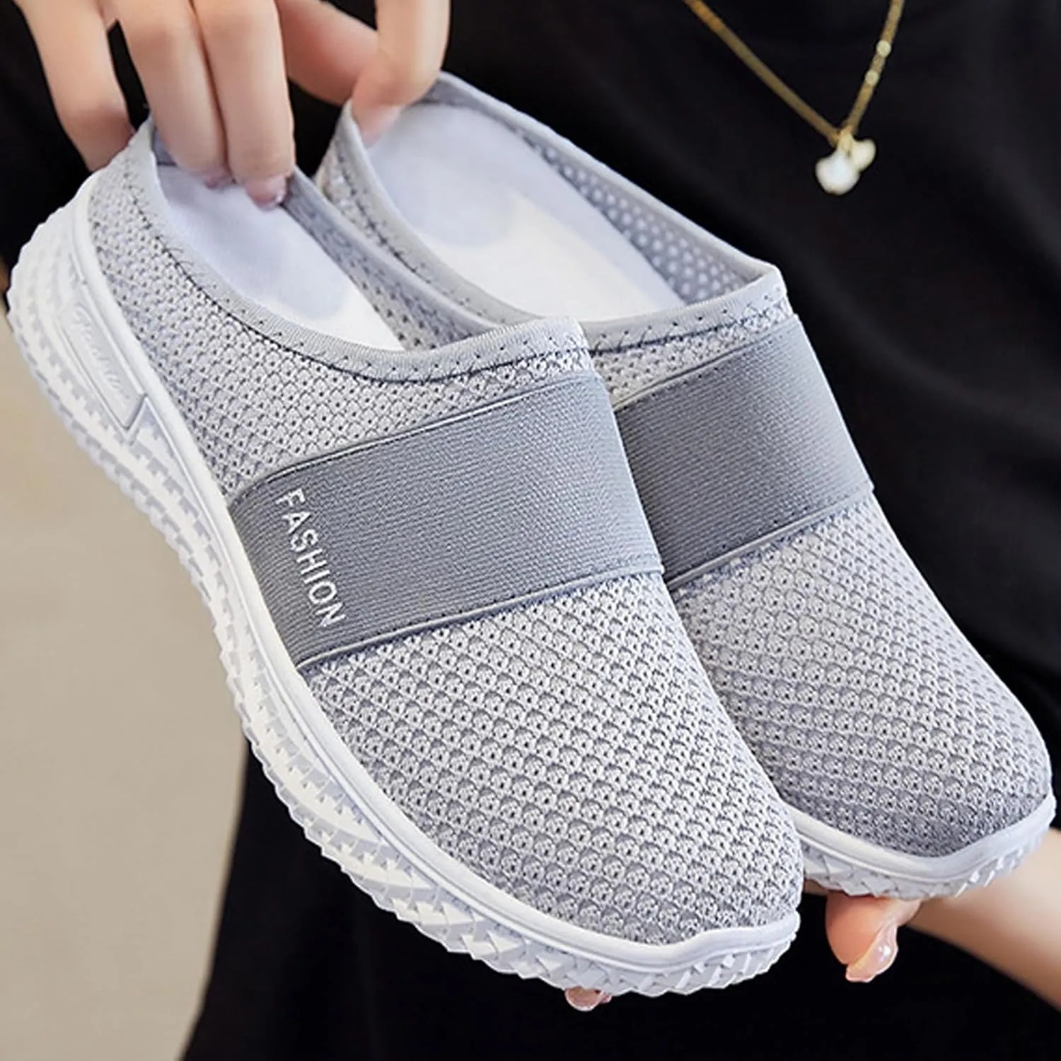 Women's Knitted Mesh Flat Mules,Fashion Backless Breathable Mesh Fabric Non-Slip Soft Soles Comfort Slip-on Outdoor Walking Sneakers Slippers
