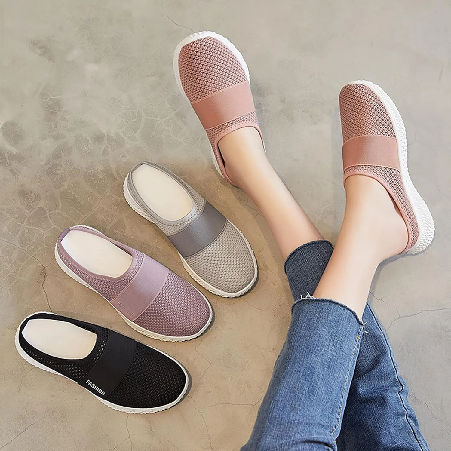 Women's Knitted Mesh Flat Mules,Fashion Backless Breathable Mesh Fabric Non-Slip Soft Soles Comfort Slip-on Outdoor Walking Sneakers Slippers