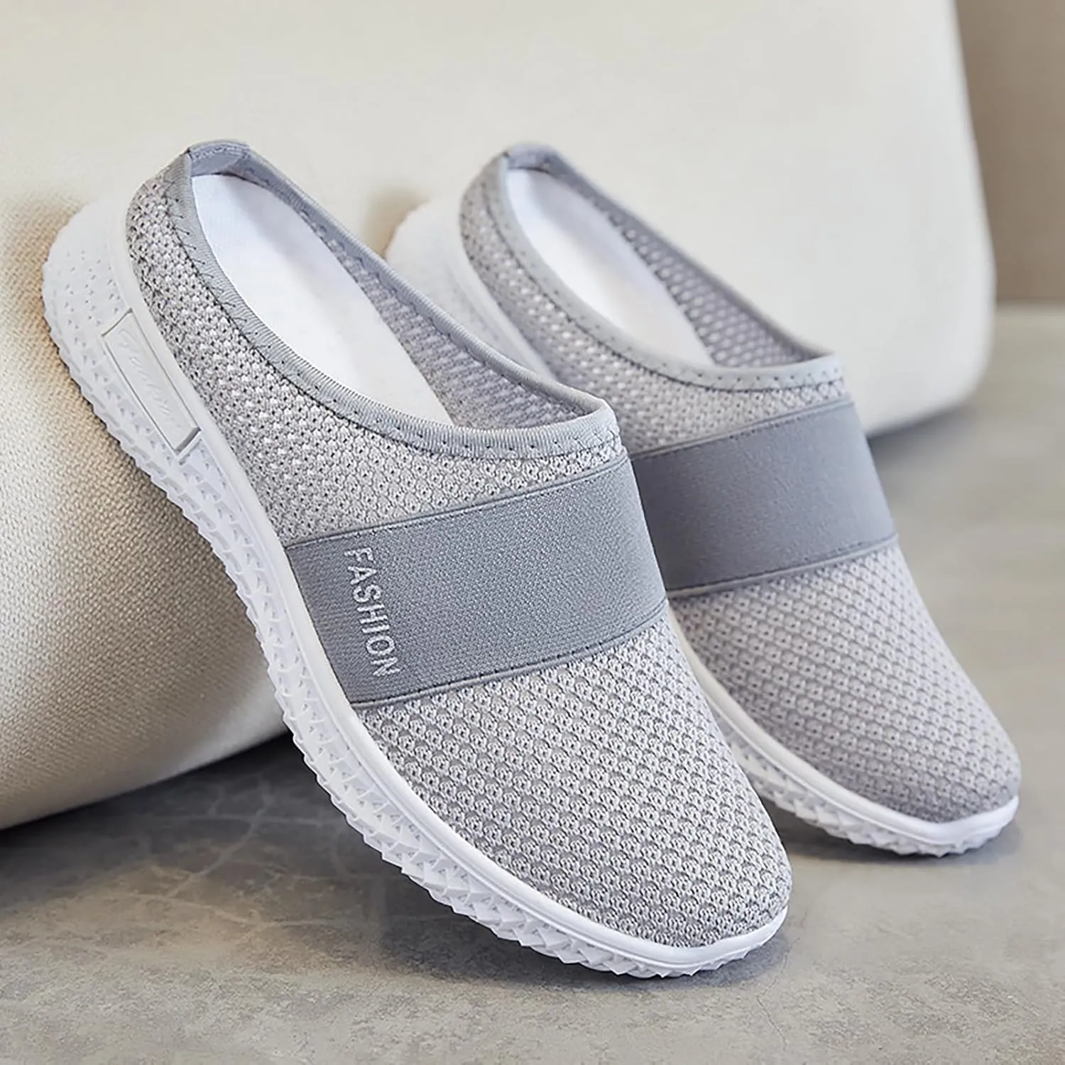 Women's Knitted Mesh Flat Mules,Fashion Backless Breathable Mesh Fabric Non-Slip Soft Soles Comfort Slip-on Outdoor Walking Sneakers Slippers