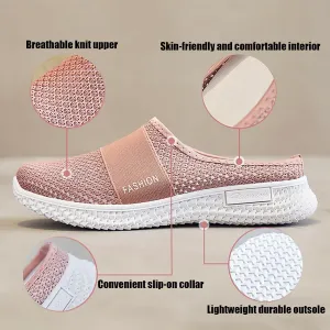 Women's Knitted Mesh Flat Mules,Fashion Backless Breathable Mesh Fabric Non-Slip Soft Soles Comfort Slip-on Outdoor Walking Sneakers Slippers