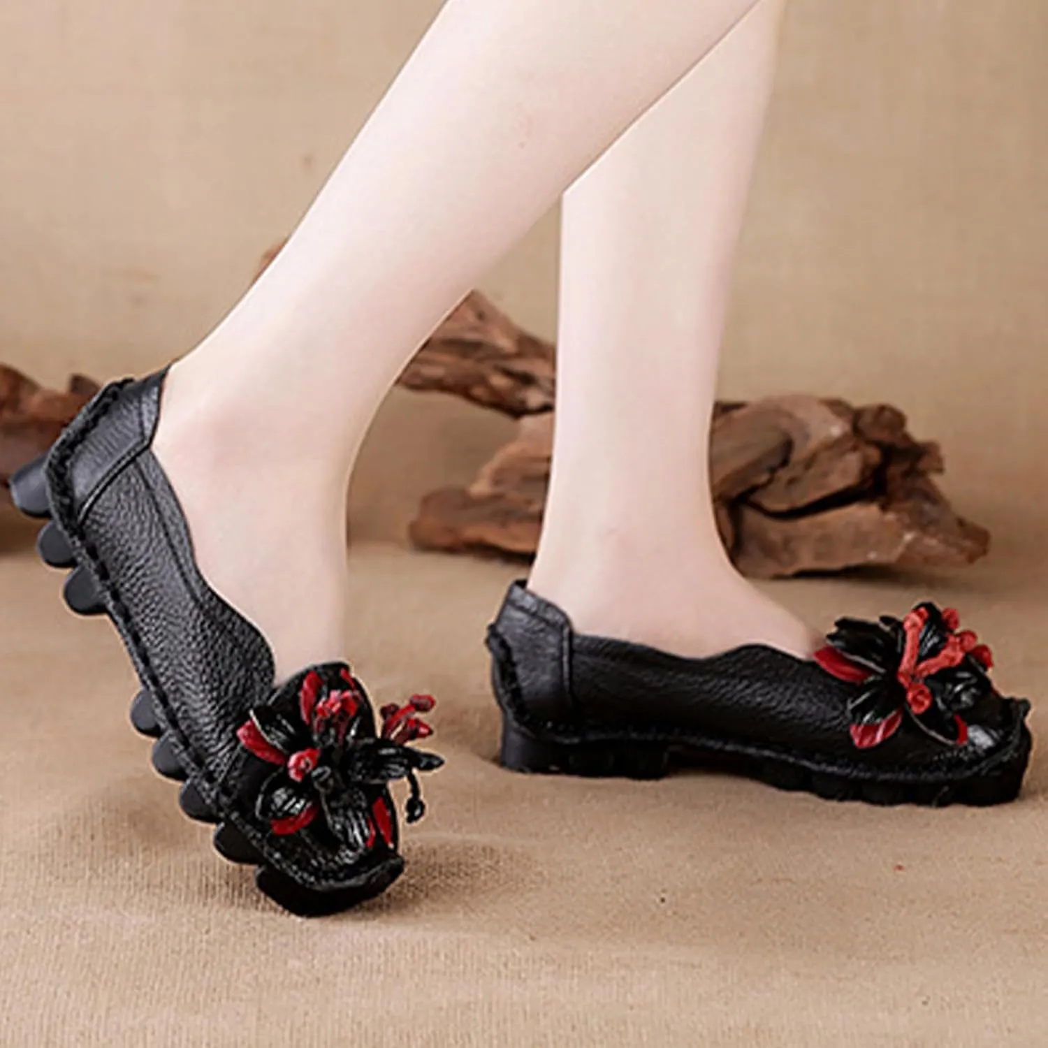 Women's Leather Slip On Loafers,Vintage Handmade Flower Comfy Soft Non-Slip Muffin Platform Walking Casual Dress Pumps
