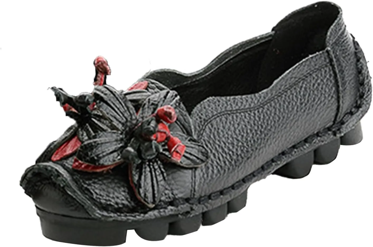 Women's Leather Slip On Loafers,Vintage Handmade Flower Comfy Soft Non-Slip Muffin Platform Walking Casual Dress Pumps