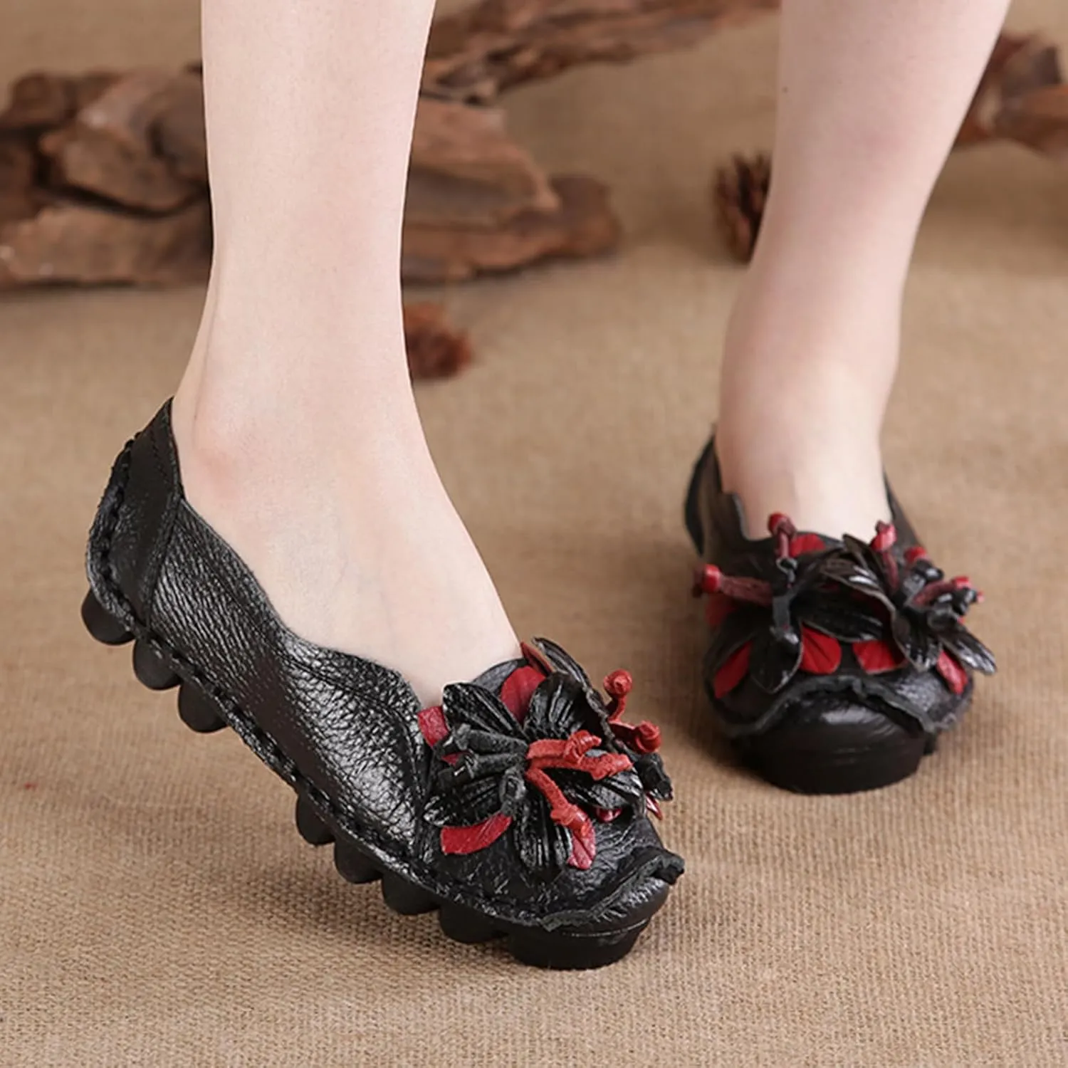 Women's Leather Slip On Loafers,Vintage Handmade Flower Comfy Soft Non-Slip Muffin Platform Walking Casual Dress Pumps