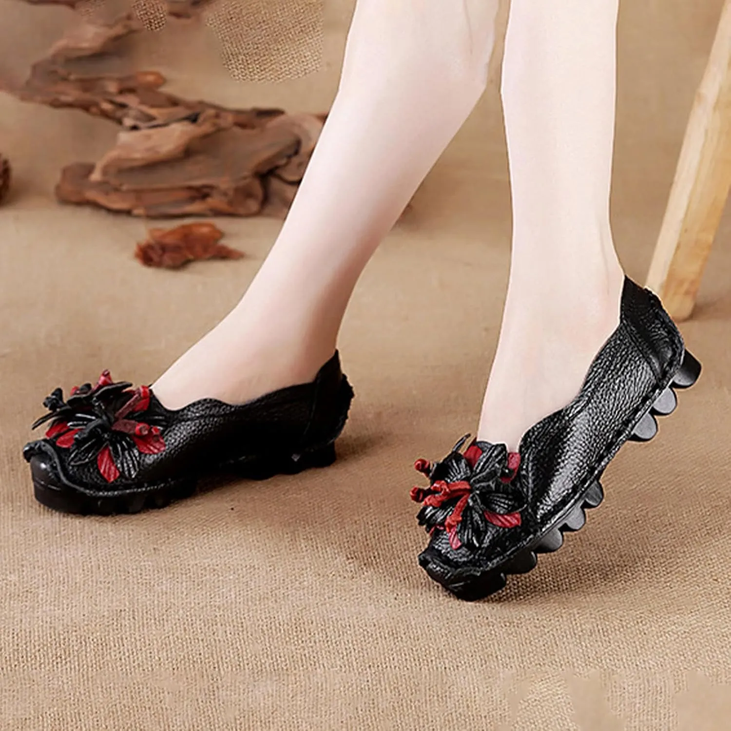 Women's Leather Slip On Loafers,Vintage Handmade Flower Comfy Soft Non-Slip Muffin Platform Walking Casual Dress Pumps