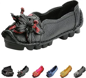 Women's Leather Slip On Loafers,Vintage Handmade Flower Comfy Soft Non-Slip Muffin Platform Walking Casual Dress Pumps