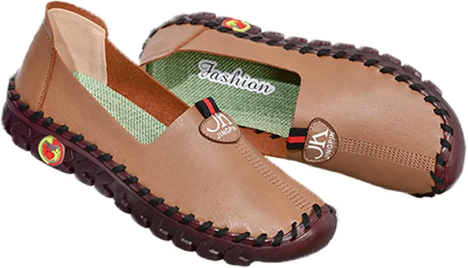 Women's Leather Soft Bottom Beef Tendon Flat Loafers Handmade Slip On Breathable Round Head Non-Slip Mom Wedge Leisure Shoes