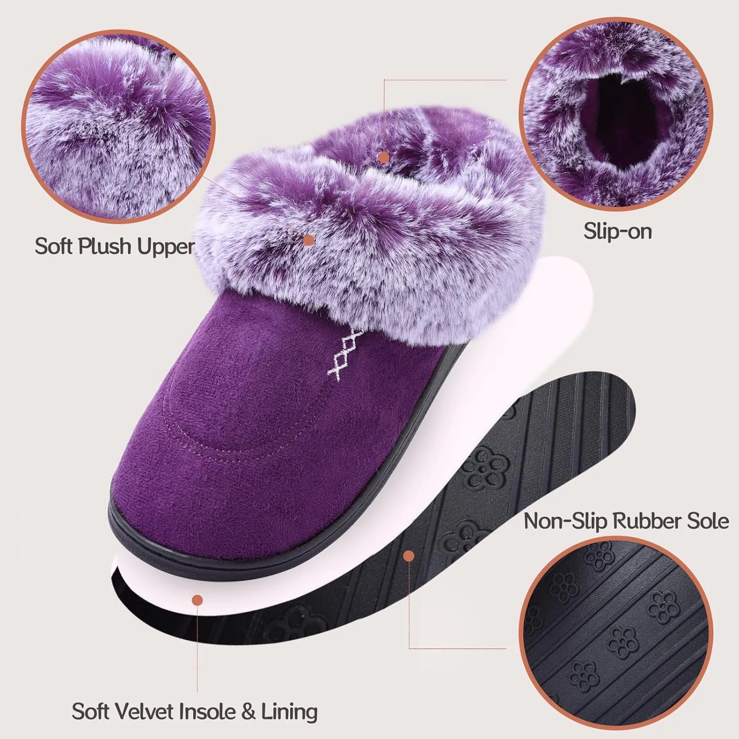 Women's Moccasin Slip-on Slippers Soft Microsuede Clog Comfy Non-slip Memory Foam Indoor Outdoor House Shoes with Fuzzy Collar