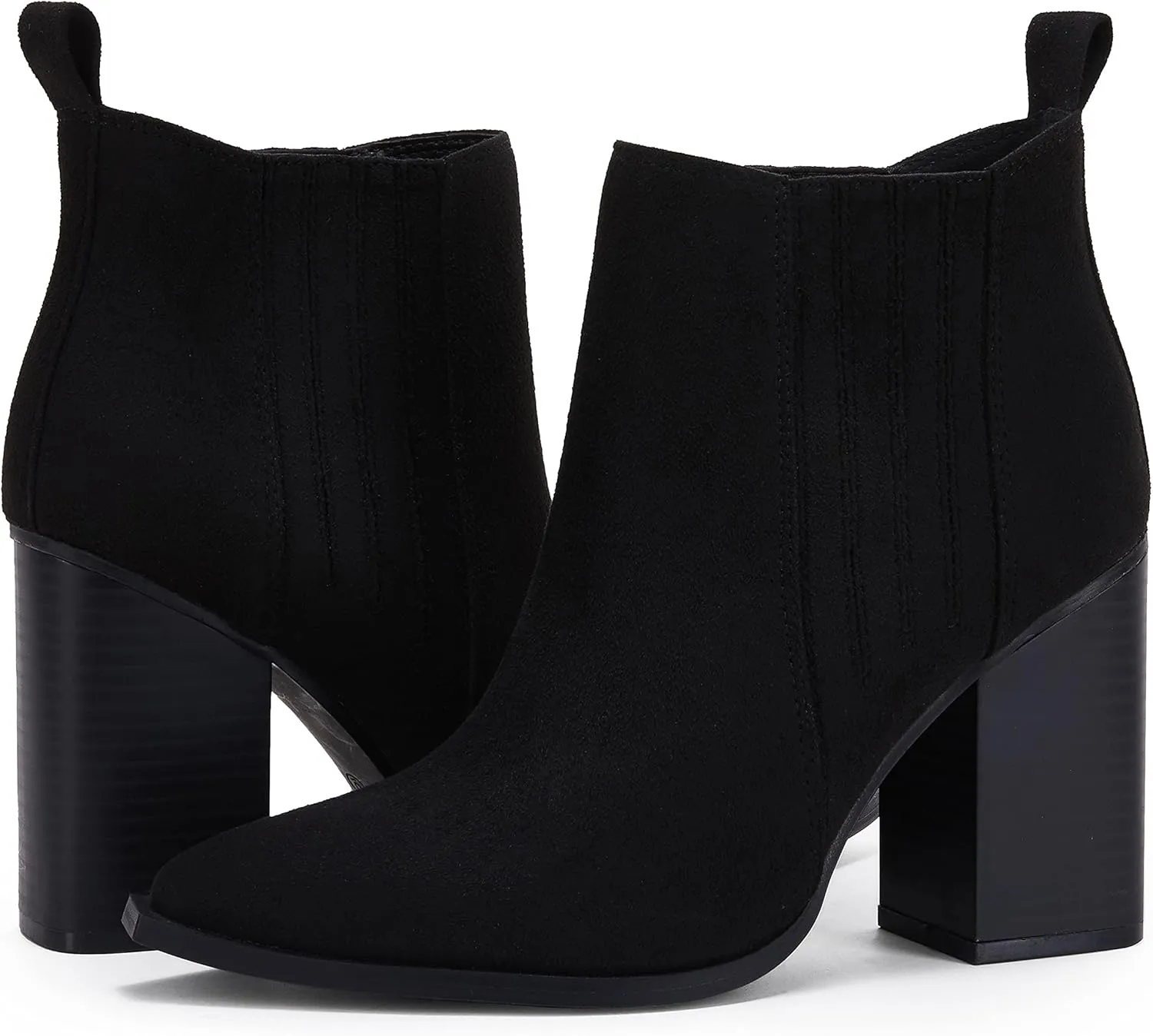 Womens Pointed Toe Slip on Ankle Booties Stacked Mid Block Heel Shoes Faux Leather Boots