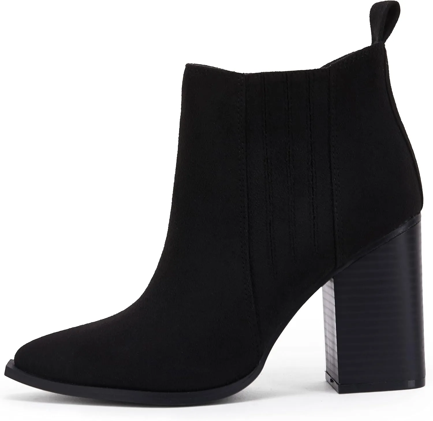 Womens Pointed Toe Slip on Ankle Booties Stacked Mid Block Heel Shoes Faux Leather Boots