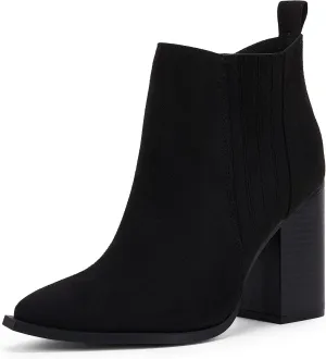 Womens Pointed Toe Slip on Ankle Booties Stacked Mid Block Heel Shoes Faux Leather Boots