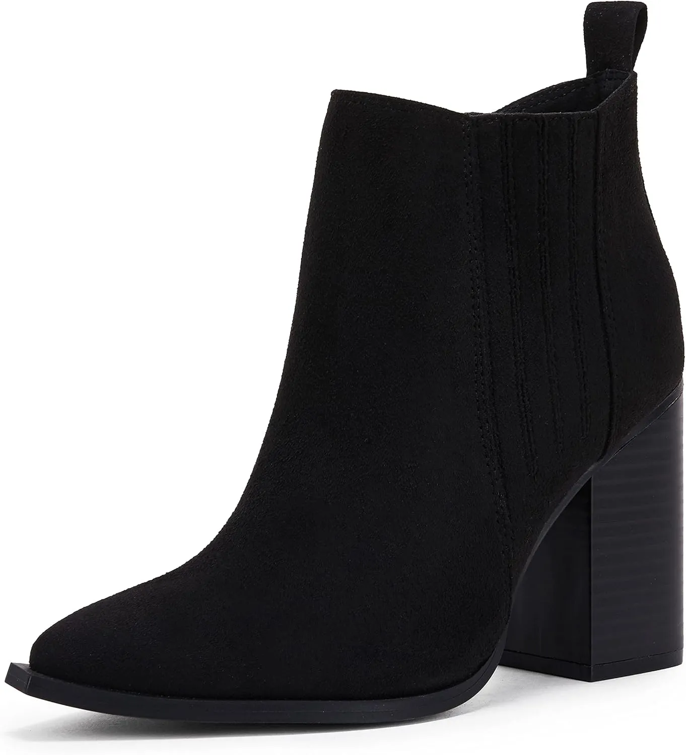 Womens Pointed Toe Slip on Ankle Booties Stacked Mid Block Heel Shoes Faux Leather Boots