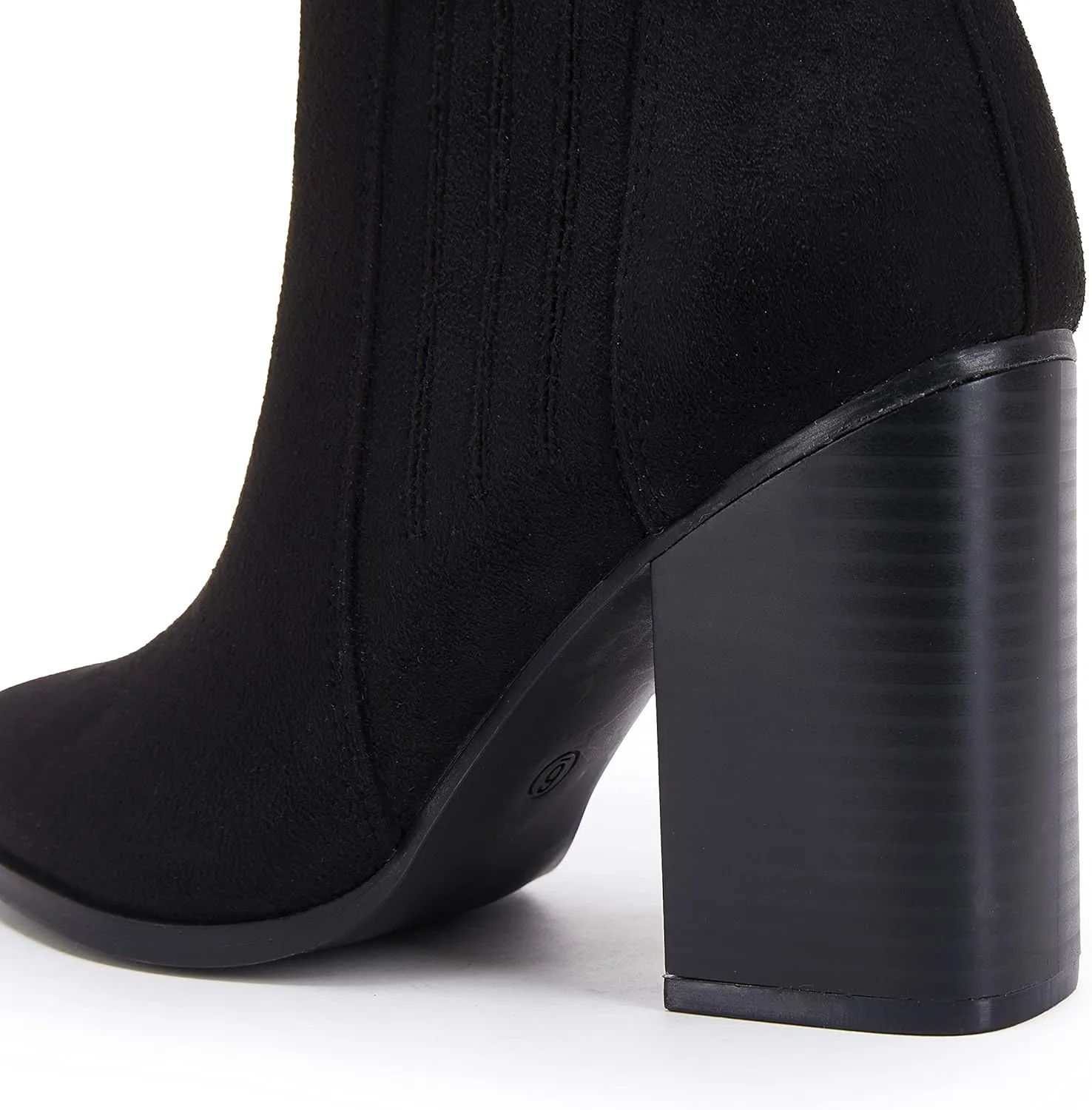 Womens Pointed Toe Slip on Ankle Booties Stacked Mid Block Heel Shoes Faux Leather Boots