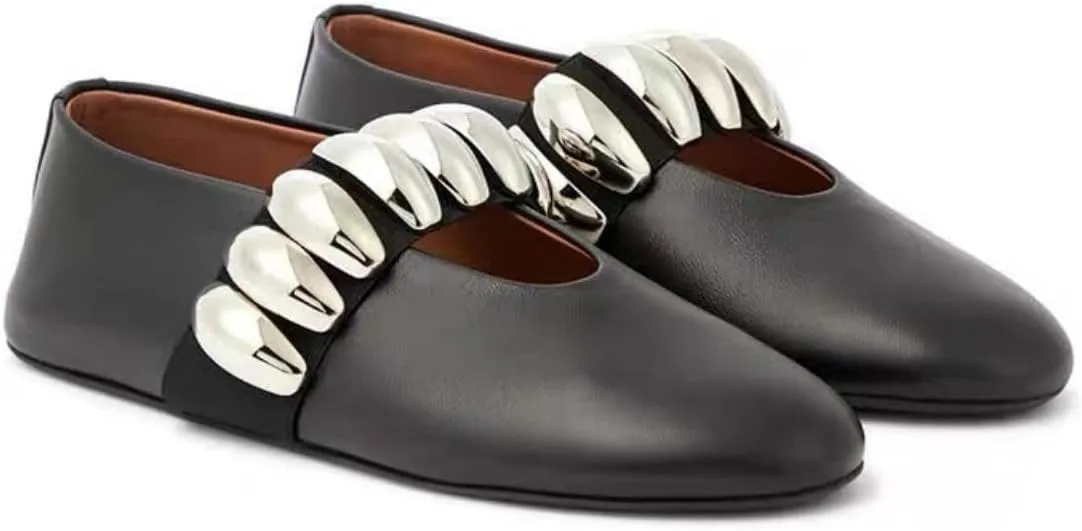 Womens Rhinestone Mary Jane Ballet Flats with Buckled Strap Round Toe Metallic Paillette Slip-On Soft Dress Shoes