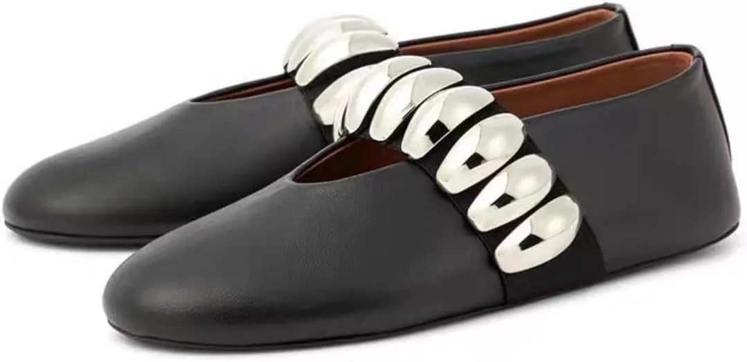 Womens Rhinestone Mary Jane Ballet Flats with Buckled Strap Round Toe Metallic Paillette Slip-On Soft Dress Shoes