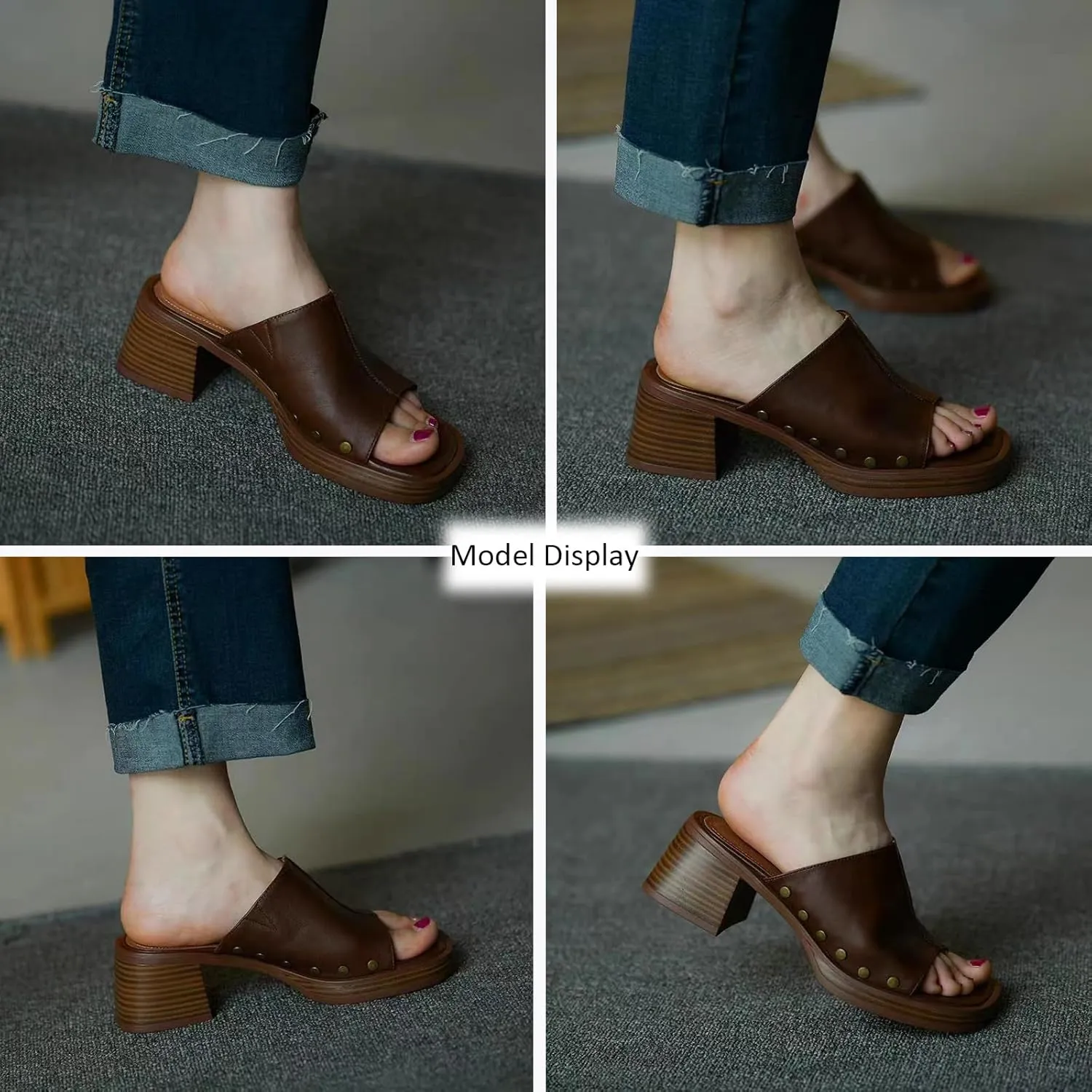 Women'S Soft Leather Open Toe Chunky Block Heel Sandals,Slip-On Square Toe Stacked High Heel Sandals,Comfortable Non-Slip Fashion Retro Wedge Casual Slippers