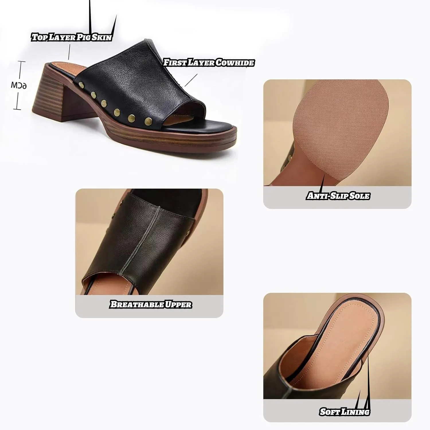 Women'S Soft Leather Open Toe Chunky Block Heel Sandals,Slip-On Square Toe Stacked High Heel Sandals,Comfortable Non-Slip Fashion Retro Wedge Casual Slippers