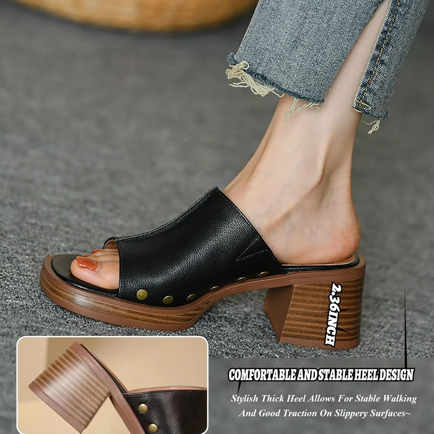 Women'S Soft Leather Open Toe Chunky Block Heel Sandals,Slip-On Square Toe Stacked High Heel Sandals,Comfortable Non-Slip Fashion Retro Wedge Casual Slippers
