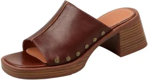 Women'S Soft Leather Open Toe Chunky Block Heel Sandals,Slip-On Square Toe Stacked High Heel Sandals,Comfortable Non-Slip Fashion Retro Wedge Casual Slippers