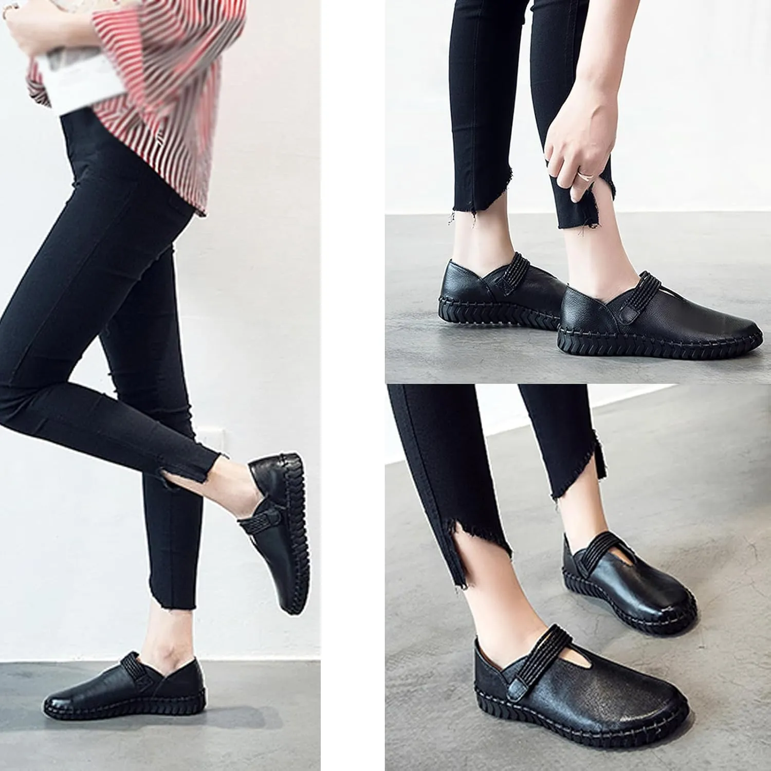 Women's Soft Sole Hook-Loop Casual Loafers,Fashion Handmade Round Toe Flats Comfortable Non-Slip Slip-on Dress Leather Shoes