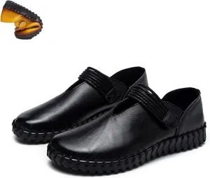 Women's Soft Sole Hook-Loop Casual Loafers,Fashion Handmade Round Toe Flats Comfortable Non-Slip Slip-on Dress Leather Shoes