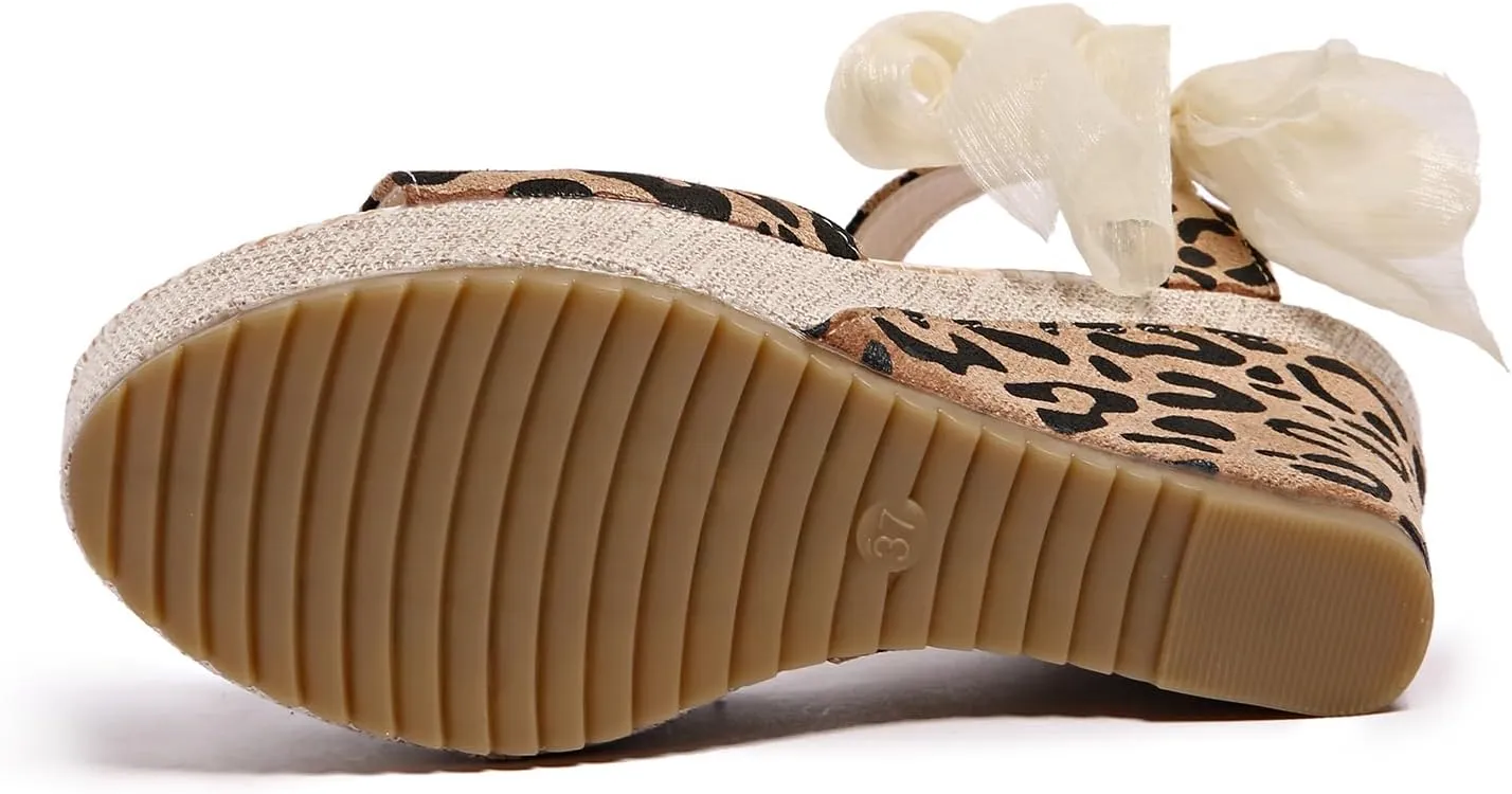 Women's waterproof platform leopard print sloping sandals, fashion bow ribbon lace-up design, platform thick bottom open toe wedge heels