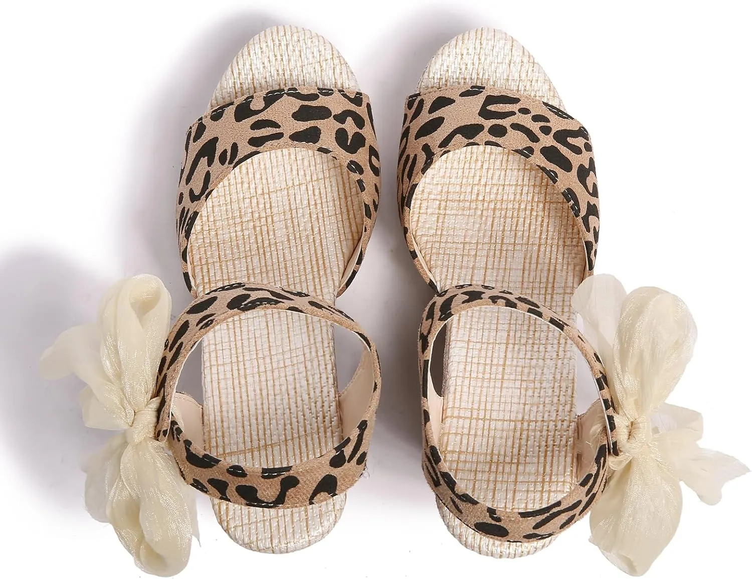 Women's waterproof platform leopard print sloping sandals, fashion bow ribbon lace-up design, platform thick bottom open toe wedge heels